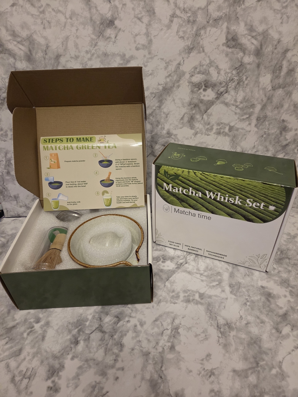 Matcha Whisk Set - Mottled Green Ceramic Bowl & Bamboo Whisk 6 Piece Set